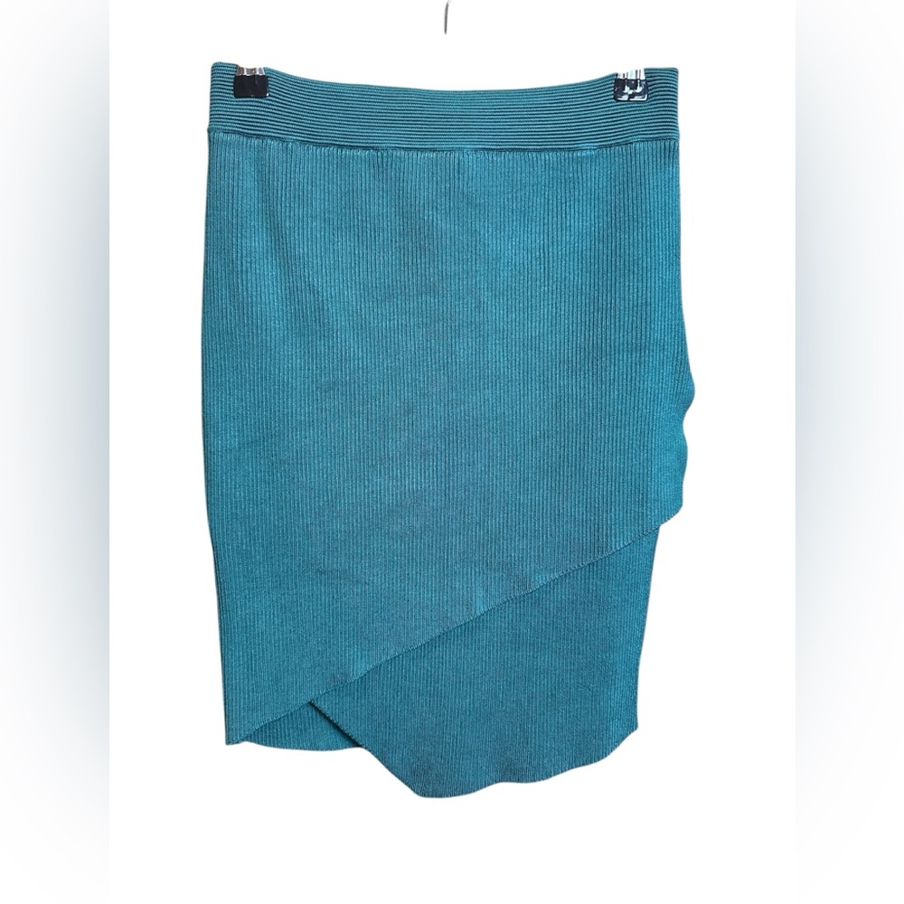 bebe Teal Asymmetrical Ribbed Knit Skirt